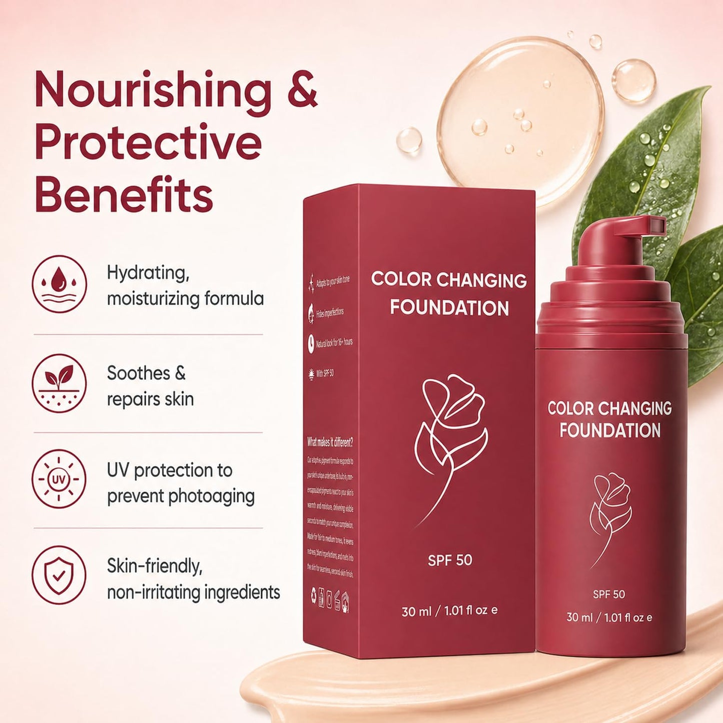 Korean Color Changing Foundation - Moisturizing Formula for Mature Skin | Conceals Fine Lines & Wrinkles
