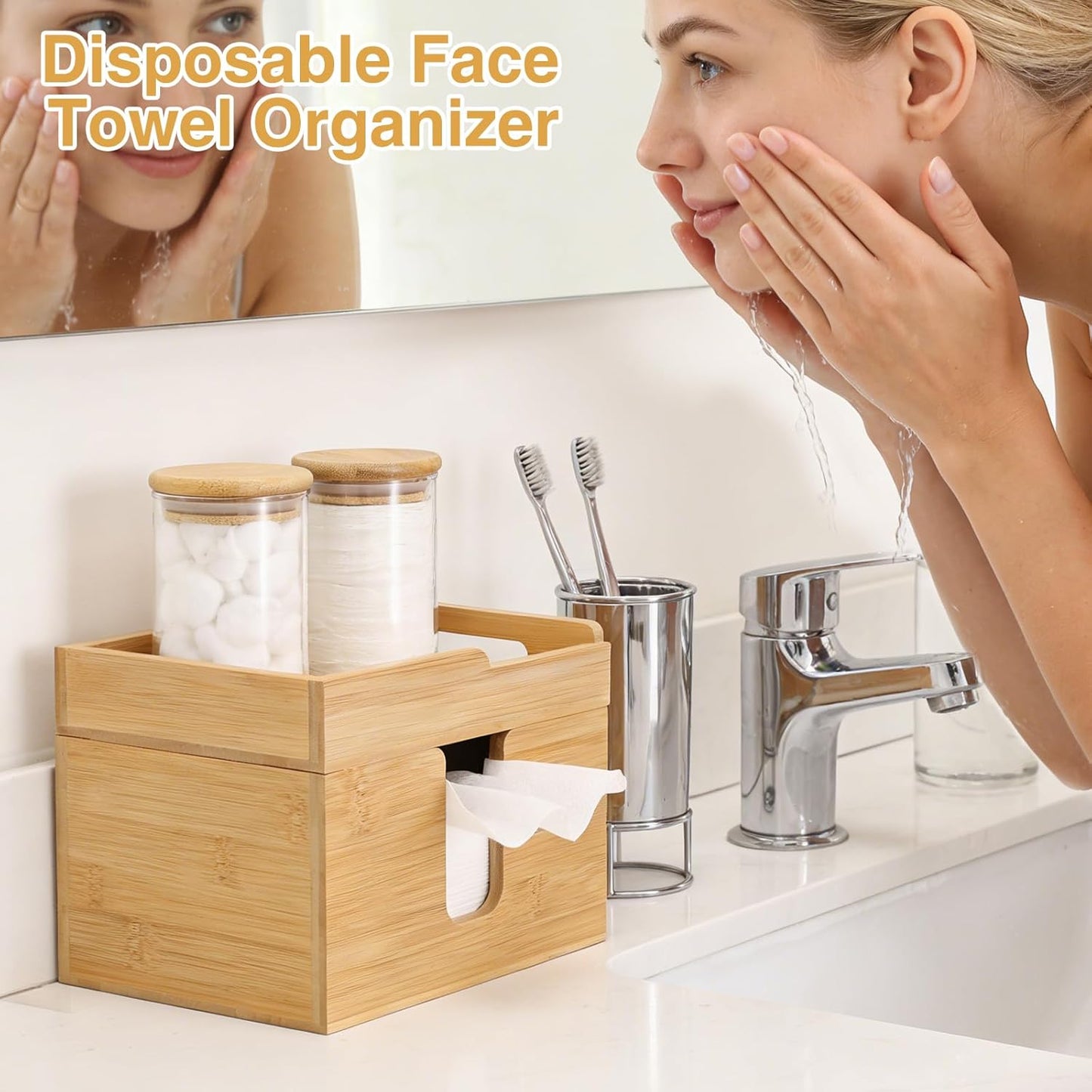 Bamboo Face Towel Holder - 120 XL Towels Included | Open-Top Skincare Organizer for Beauty Essentials