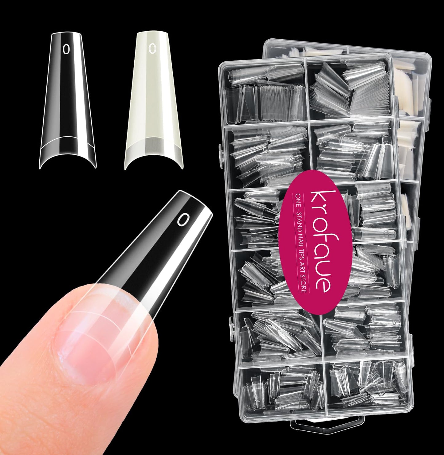 Krofaue 1200PCS Coffin Nail Tips, Clear & Natural Half Cover, 12 Sizes