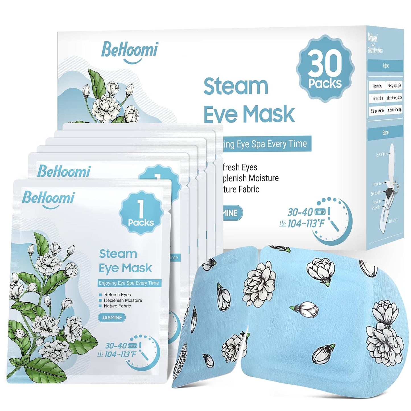 BeHoomi Heated Steam Eye Masks - 30 Packs of Disposable Warm Compresses for Relaxation | Unscented