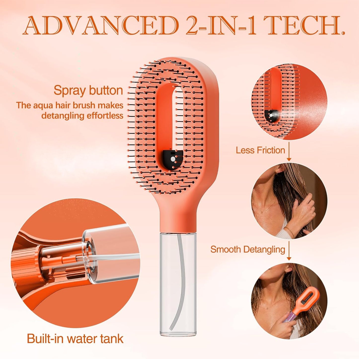 Detangling Hair Brush with Water Spray - Portable Fine Mist Tool for Curly Thick Hair | Lightweight Wet & Dry Styling, Orange