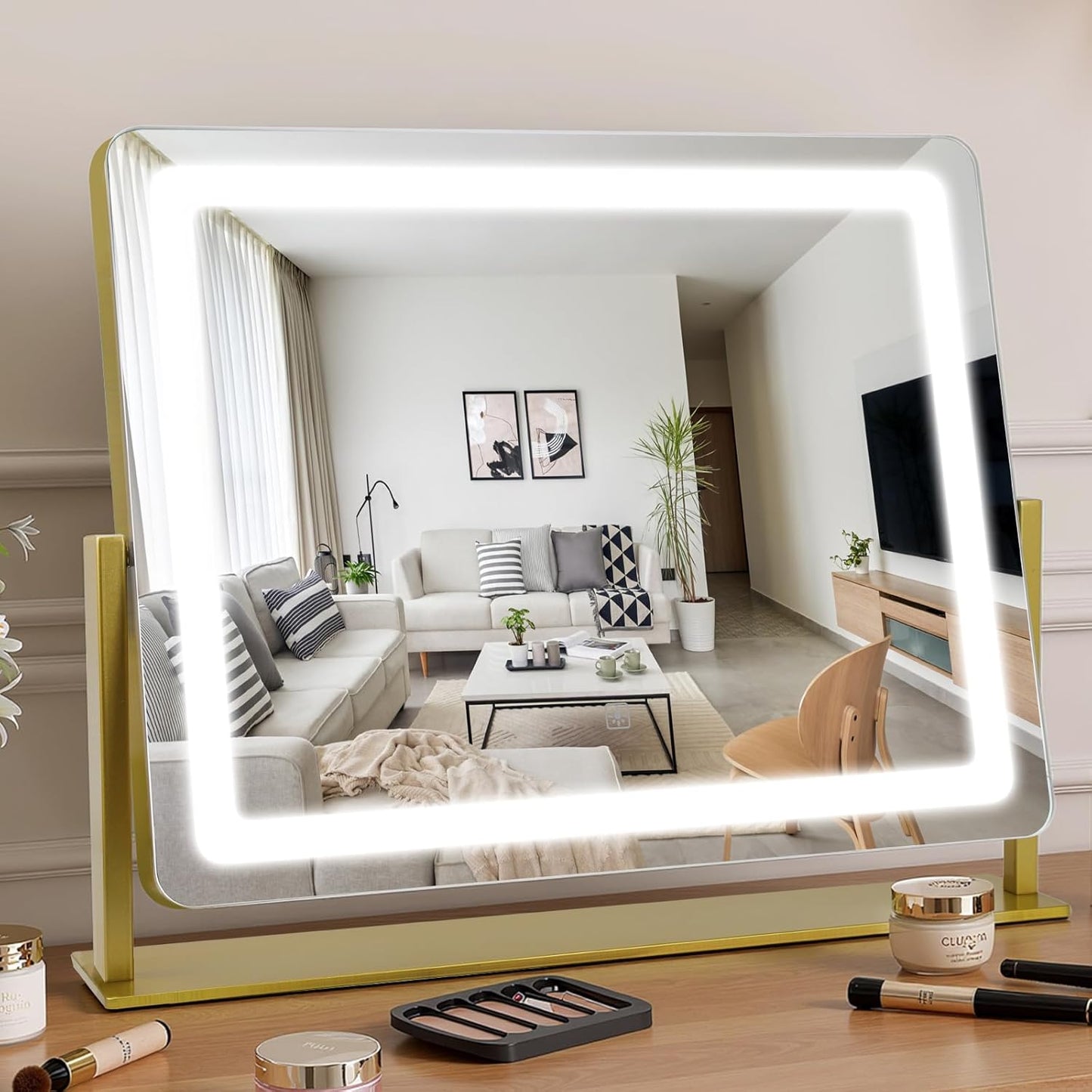LED Makeup Mirror with Lights - 15" x 12.2" Dimmable Vanity Mirror with Smart Touch & 3-Color Lighting | 360° Rotation, White