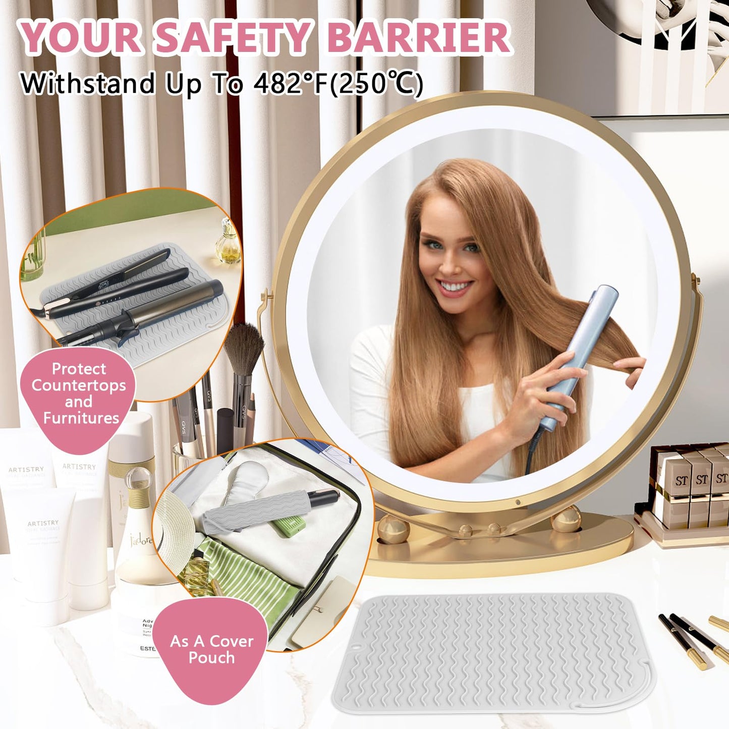 WRORUNER Larger Size Silicone Heat Resistant Mat for Curling Irons, Flat Irons, Hair Straightener and Other Hair Styling Tools, Portable Hot Tools Pad Cover for Travel Vanity Salon(12.0" x 9.0")