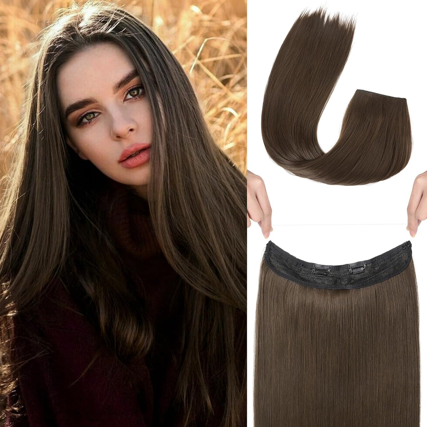 Invisible Wire Hair Extensions - Adjustable Transparent Headband with Secure Clips | Natural Black Hairpiece for Women