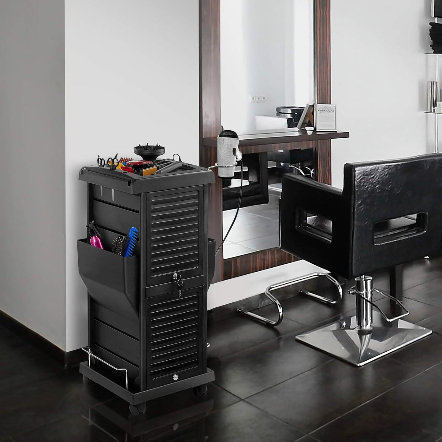 Saloniture Premium Rolling Trolley Cart - Locking Design with Pockets | Black