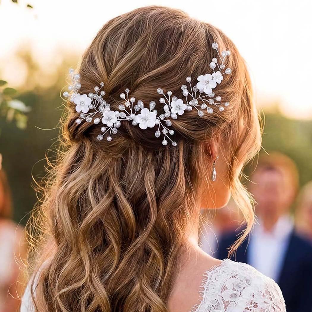 Unicra Silver Pearl Hair Vine Bridal Headpieces Flower Wedding Hair Accessories for Brides and Women (Silver)