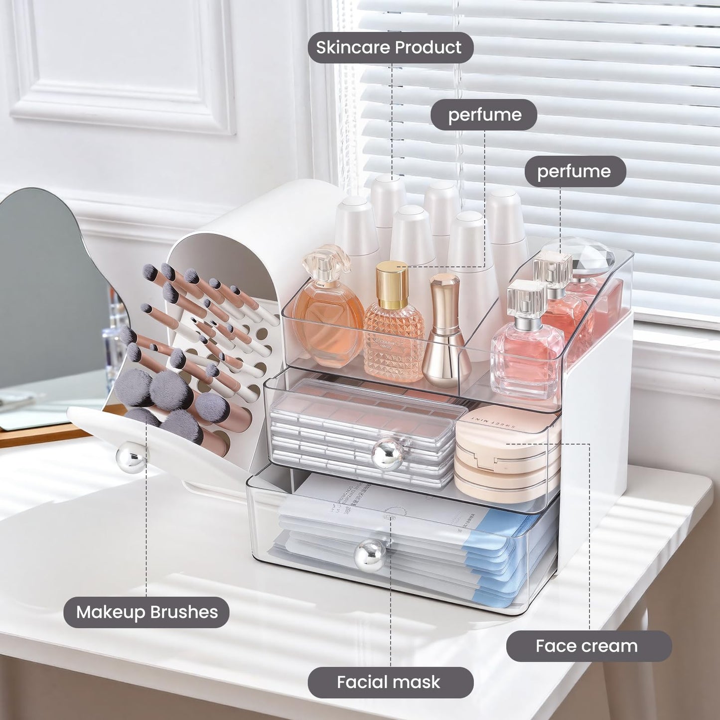 TRQWRO Makeup Organizer,Vanity Organizer with Makeup Brush Holder,Large Skincare Organizers with Drawers,Bathroom Countertop Organizer,Storage Lipstick,Perfume,Nail Polish,Beauty,Gifts for Woman