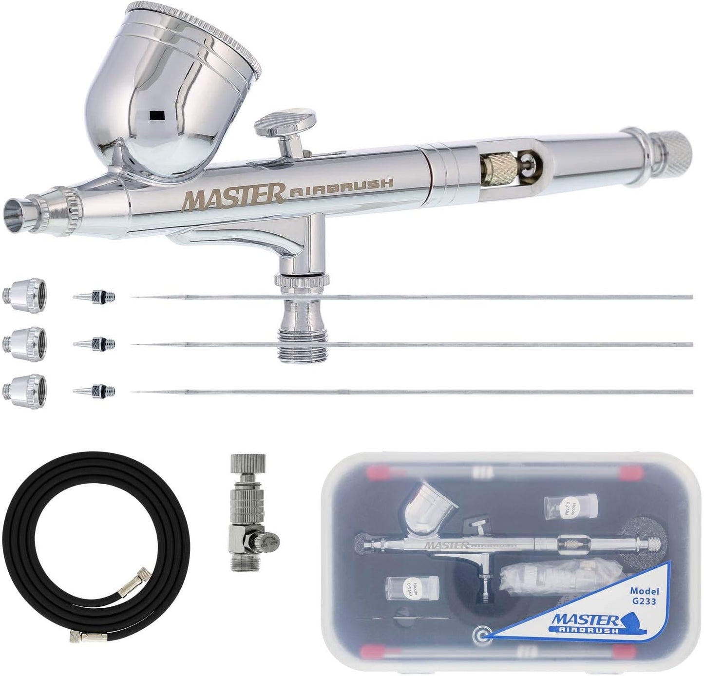 Master Airbrush G233 Pro Airbrush Kit - 3 Nozzle Sets (0.2, 0.3, 0.5mm) for Painting & Body Art