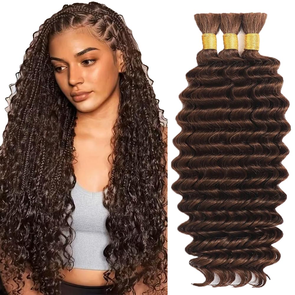 Dark Brown Boho Hair for Braiding #4 Brown Braiding Hair 22 22 22 Inch Chocolate Brown Deep Wave Boho Human Hair for Braiding #4 Curly Hair Extensions for Braids 150g 3 Bundles