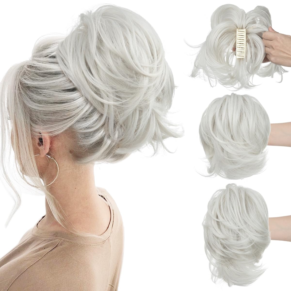 CJL Hair Claw Clip Short Ponytail Extensions - Bendable Metal Messy Bun Piece | Wavy Curly Synthetic Hair, Ash Grey
