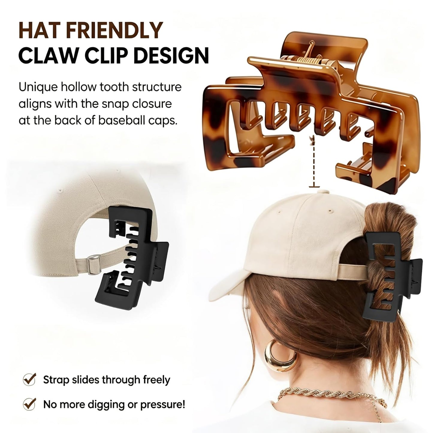 Hat Claw Clip for Baseball Caps – 2-Pack Hair Clips for Women, Hat-Friendly Open Design for Trucker Hats & Sun Hats, Suitable for Styling Long, Thick, or Thin Hair, Hair Accessories for Gifts (MIX A)