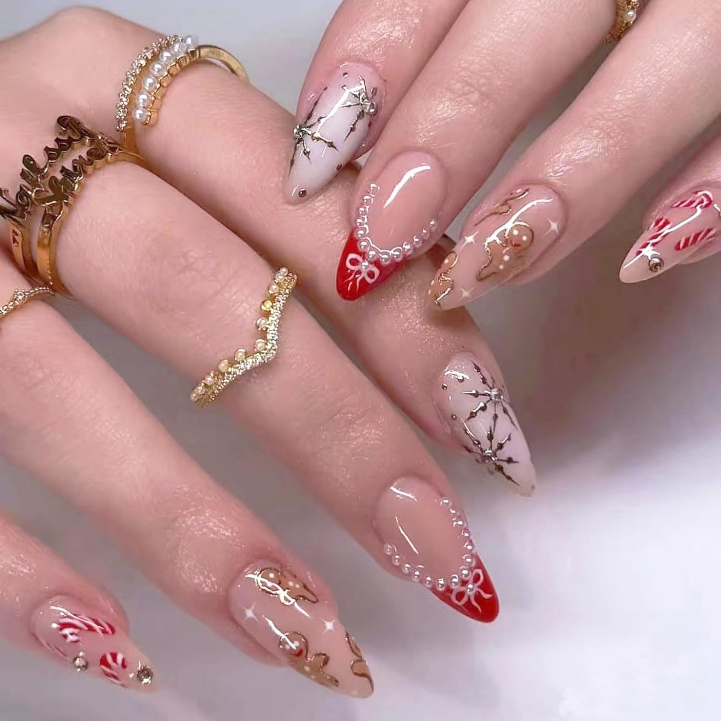 Almond Press-On Nails - Ombre French Tip with Butterfly Designs | 24 Pcs Set for Women