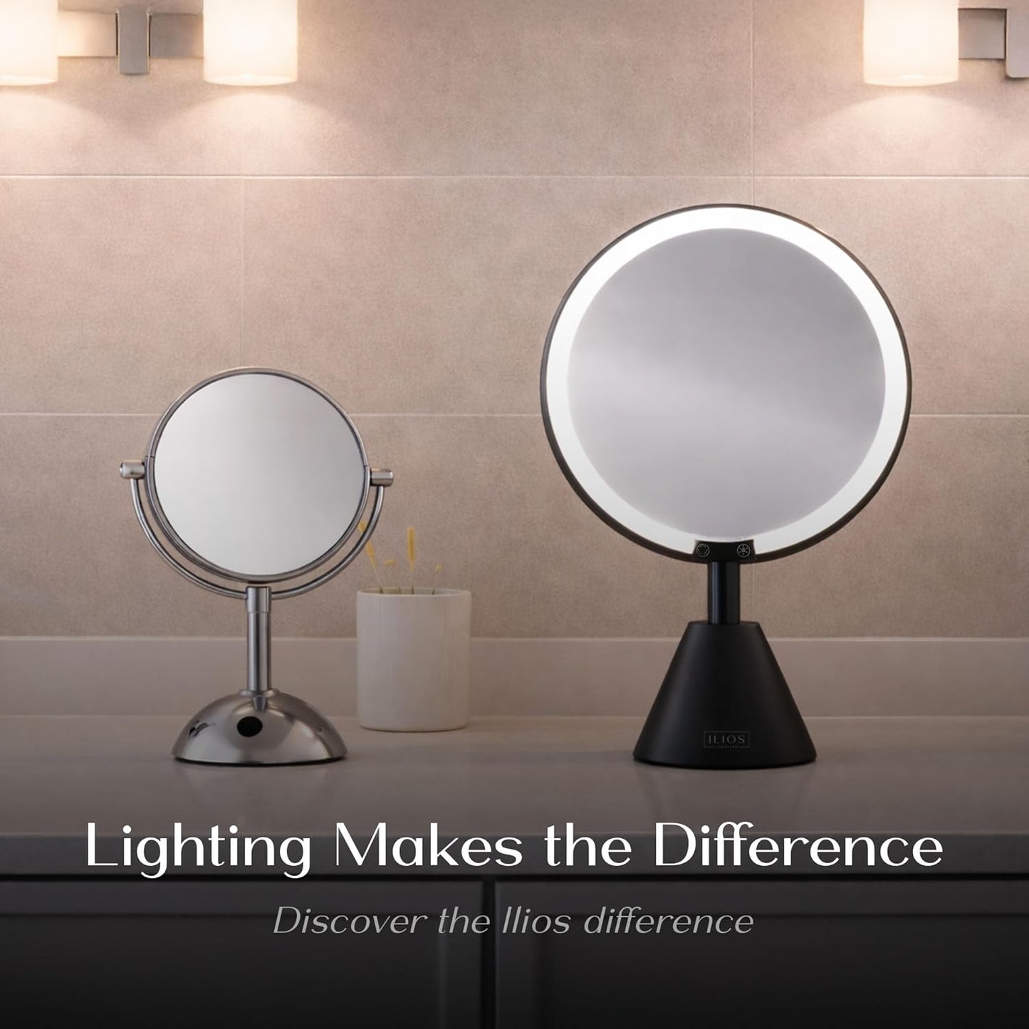 Ilios Lighting 9" Lighted Makeup Mirror - 5X Magnification, Rechargeable LED, Adjustable Lighting (3200K–6500K) | Black