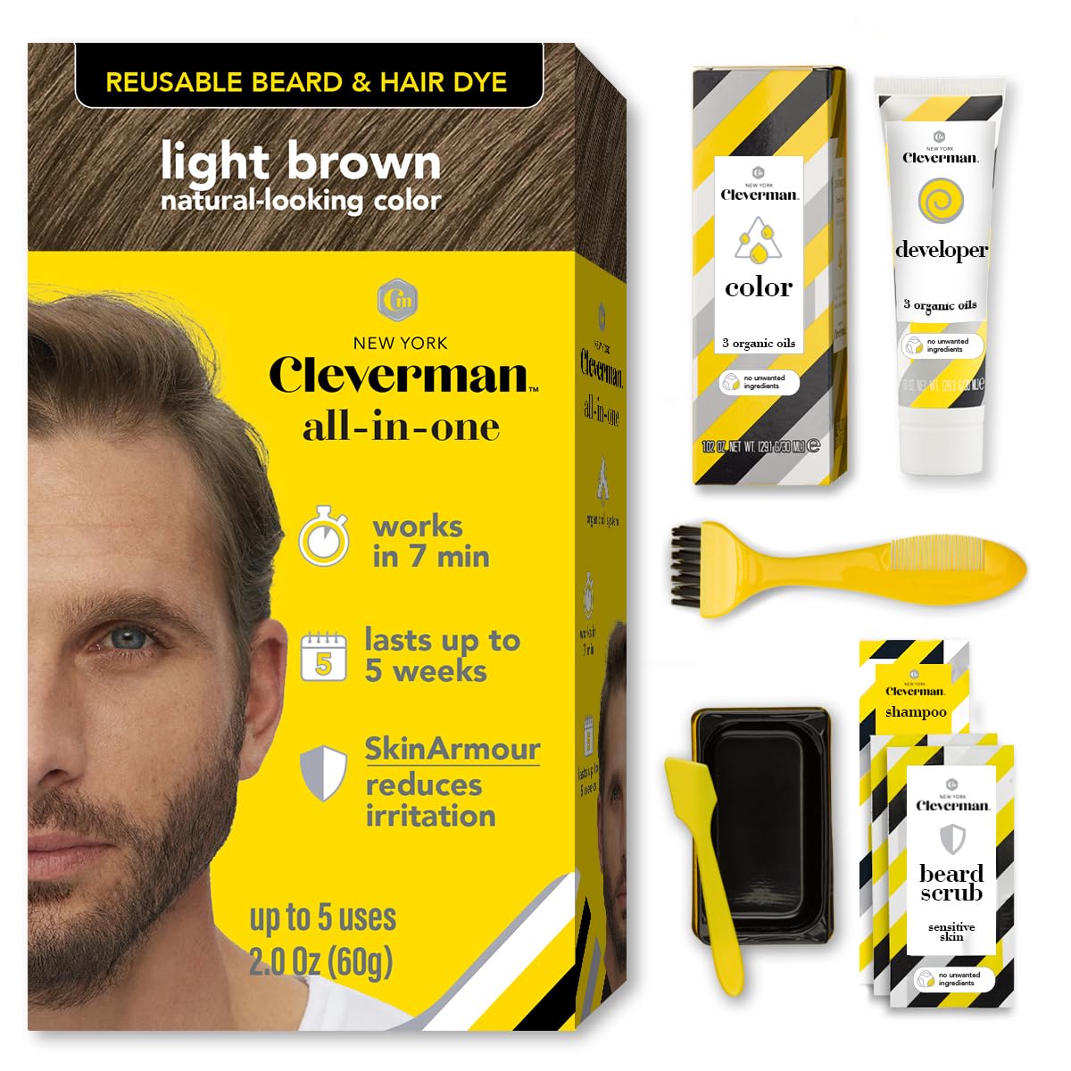 Cleverman Reusable Hair & Beard Dye for Men - Light Brown | Natural Gray Coverage, No-Drip Cream, 5 Uses in 7 Minutes