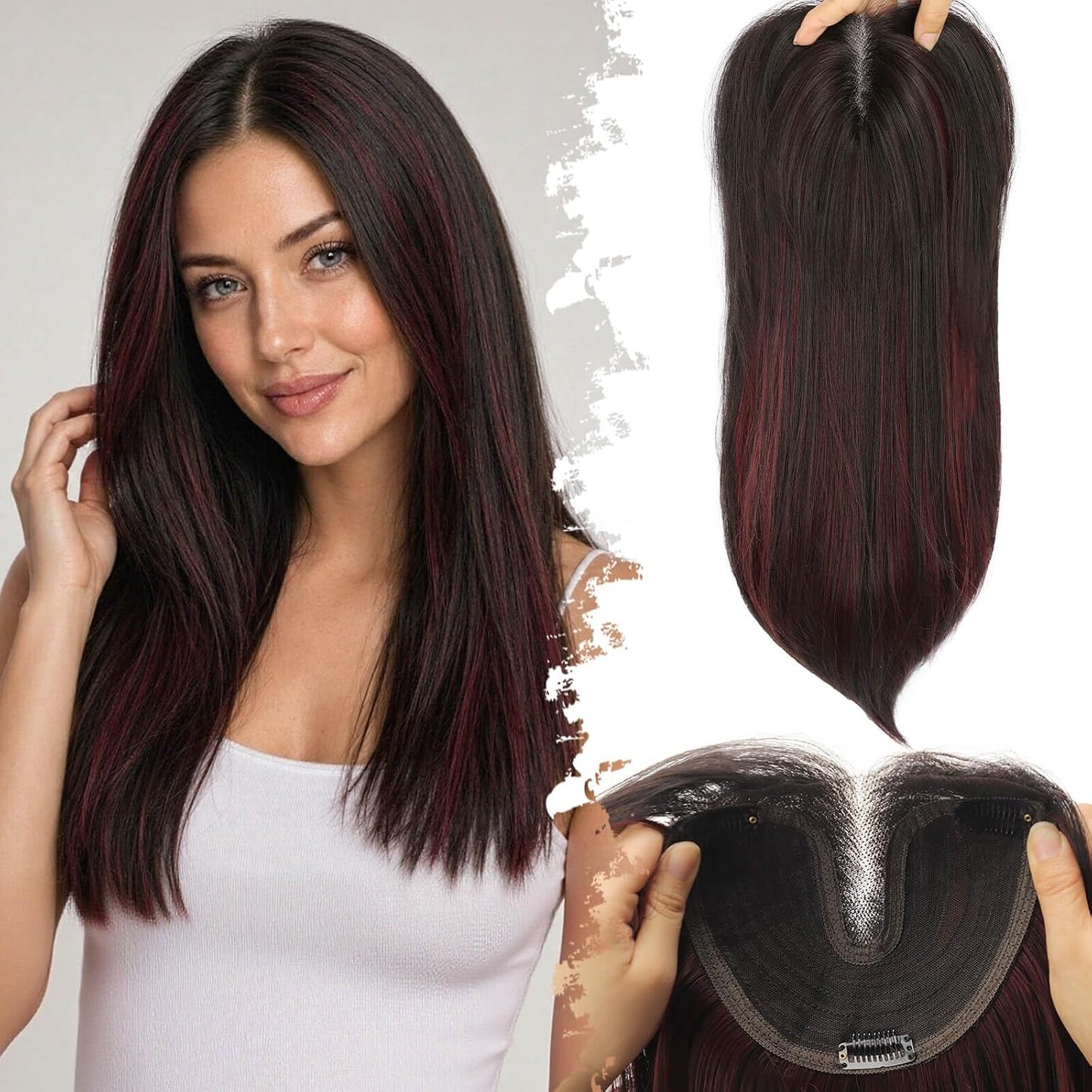 Ash Blonde Synthetic Hair Toppers with Platinum Highlights - 18" Long, 5x6" Base for Thinning Hair, Clip-In Wispy Bangs