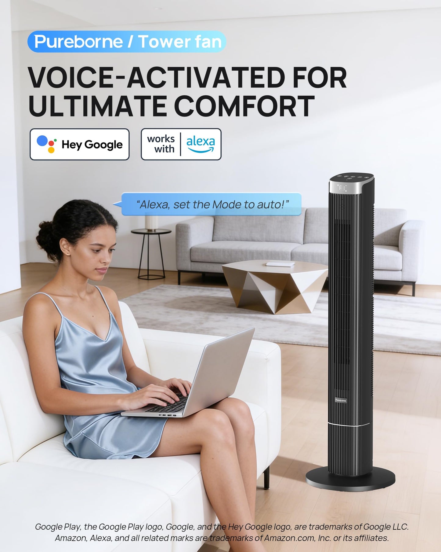 Pureborne 42” Tower Fan for Home Bedroom, WiFi, 25dB Ultra-Quiet, Black