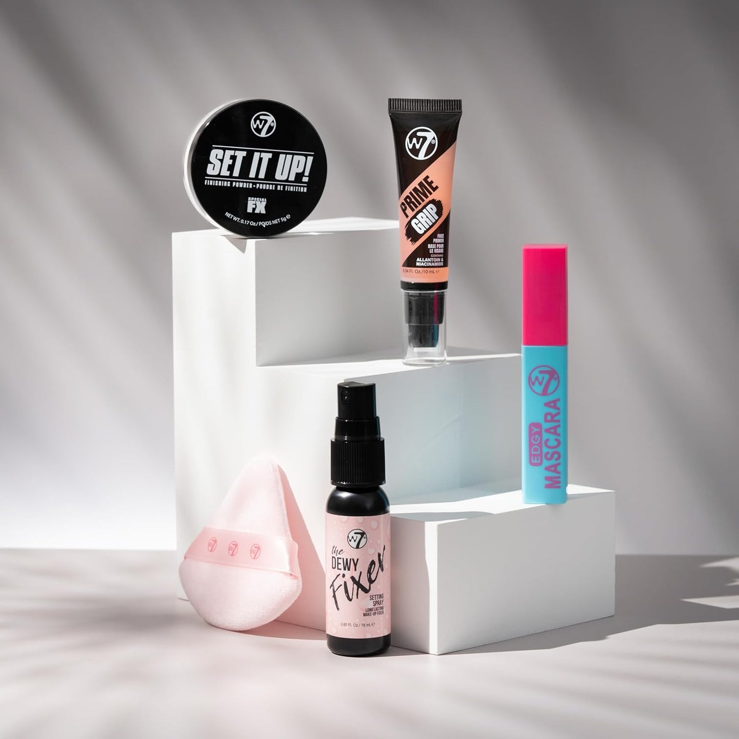 W7 On the Go Cuties Set | Mini Makeup Essentials with Primer, Mascara & Setting Spray - Travel Size Beauty Kit