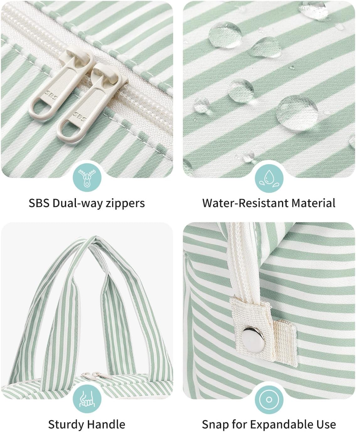 Travel Toiletry Bag for Women - Large Makeup Organizer with Handle | Mint Green Stripe, Wet Pocket for Essentials