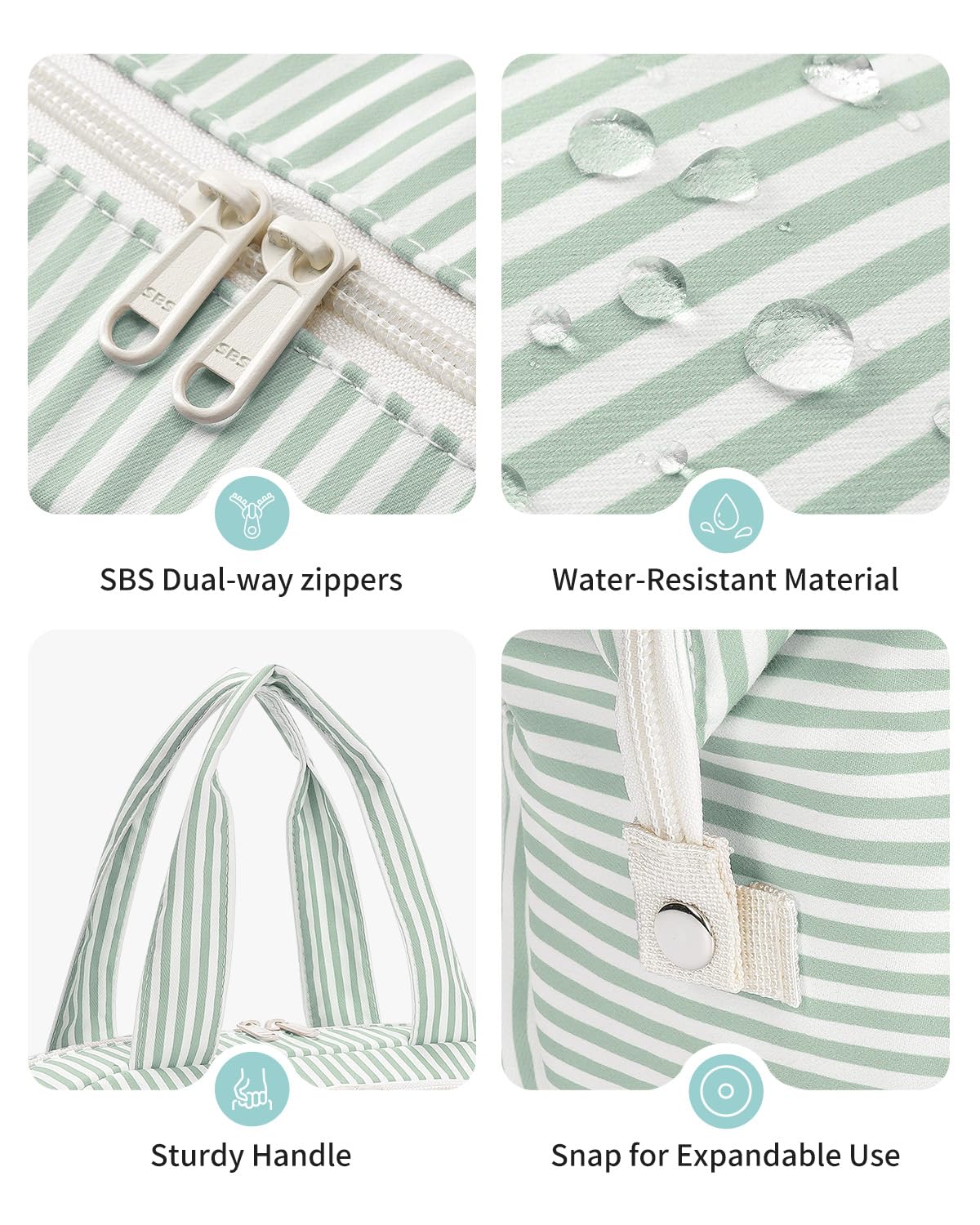 Narwey Travel Toiletry Bag for Women, Wide Open Large Makeup Bag, Cosmetic Bag Make Up Organizer with Handle, Wet Pocket for Towel, Travel Bag for Toiletries, Brushes, Essentials (Mint Green Stripe)