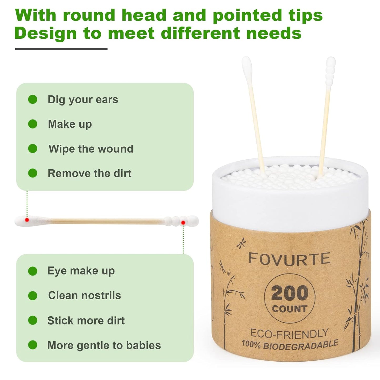 Bamboo Cotton Swabs - 400 Count Organic Double-Tip Cotton Buds for Ear Wax Removal | Eco-Friendly Cleaning Sticks