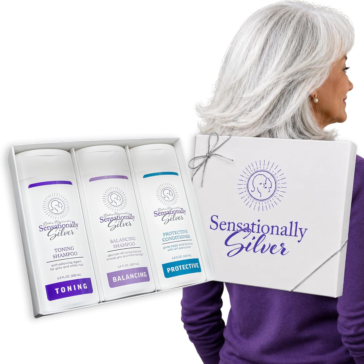 Silver Hair Care Gift Set - 3-Piece Premium Trio for Gray, Silver & White Hair | Toning Shampoo, Balancing Shampoo & Conditioner | Elegant Gift Box