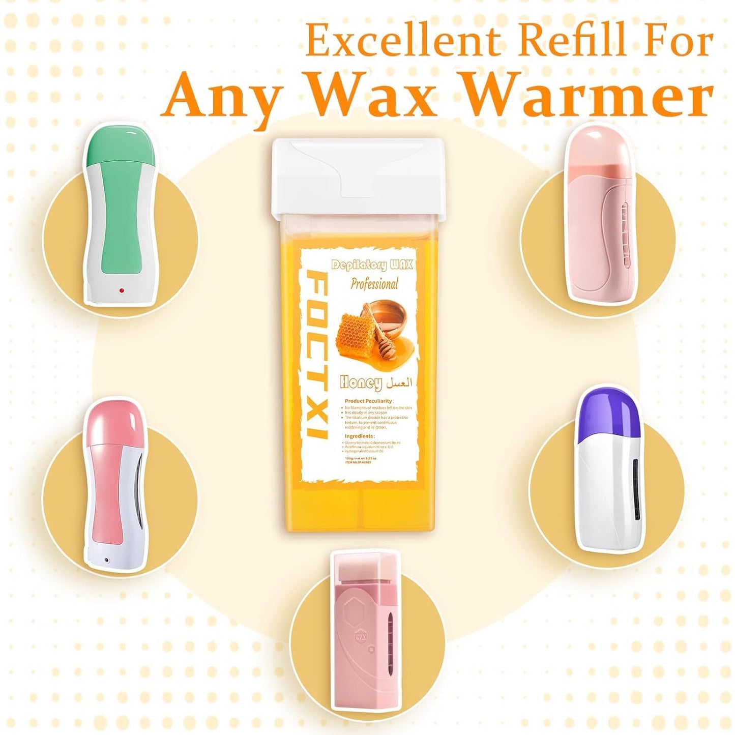 FOCTXI Wax Roller Kit Ｗax Cartridge, Roll On Wax for Hair Removal, Roll on Ｗax, 4 Honey Hair Removal Ｗax Cartridge and 10 Pack Cleaning Oil Wipes for Women