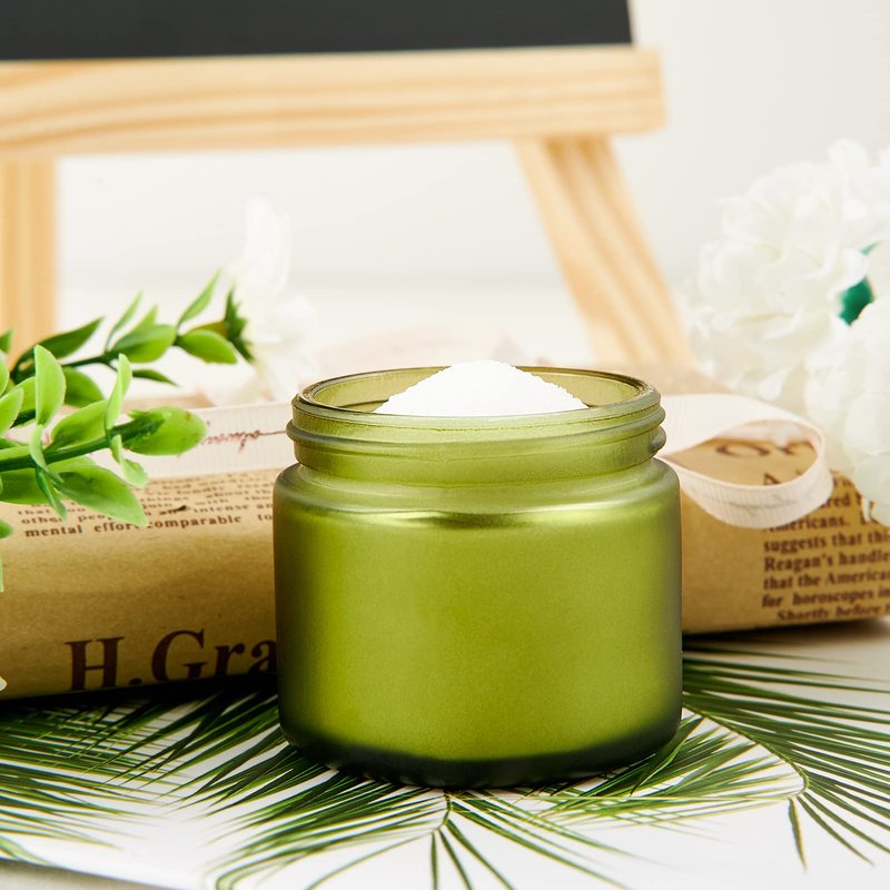 2oz Jars with Lids, HOA Kinh 24 Pack Green Frosted Glass Jars with Lids Empty Cosmetic Containers Round Airtight Glass Jar with Black Lids for Storing Lotions Powders Ointments