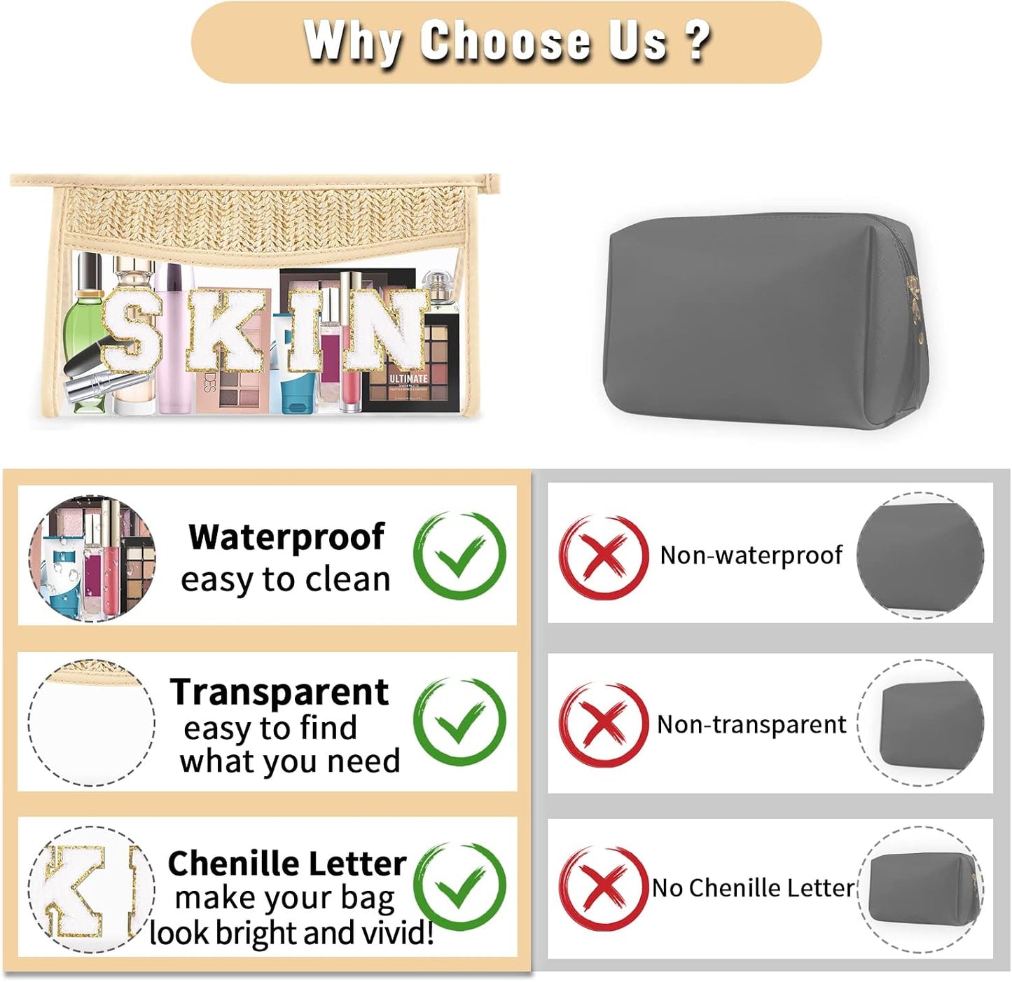 Clear Makeup Letter Patch Bag - Boho Transparent Toiletry Pouch | Small Waterproof Cosmetic Organizer for Women