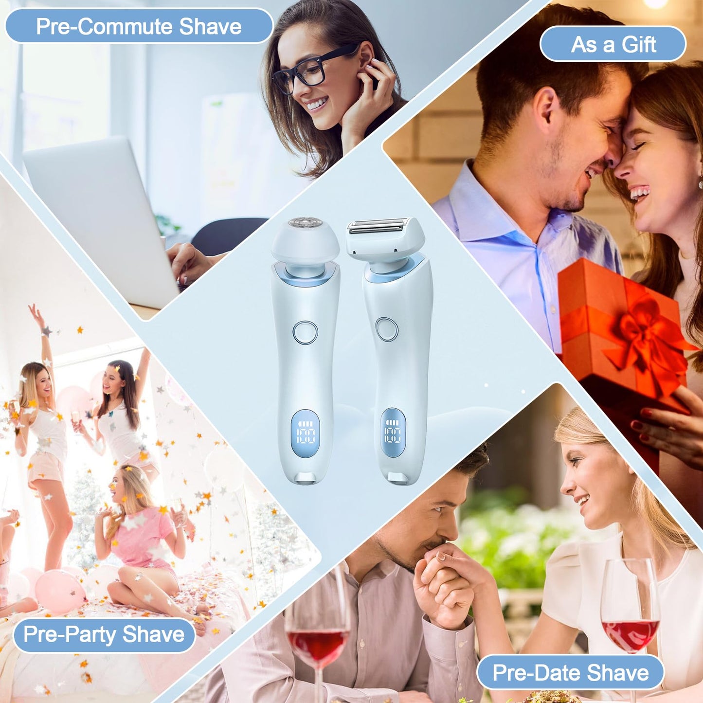 Electric Shaver for Women, 2 in 1 Wet & Dry Silk Glide Pro Shaver with 2 Removable Heads, Rechargeable Electric Razors for Bikini, Pubic Hair, Legs, Body, Blue