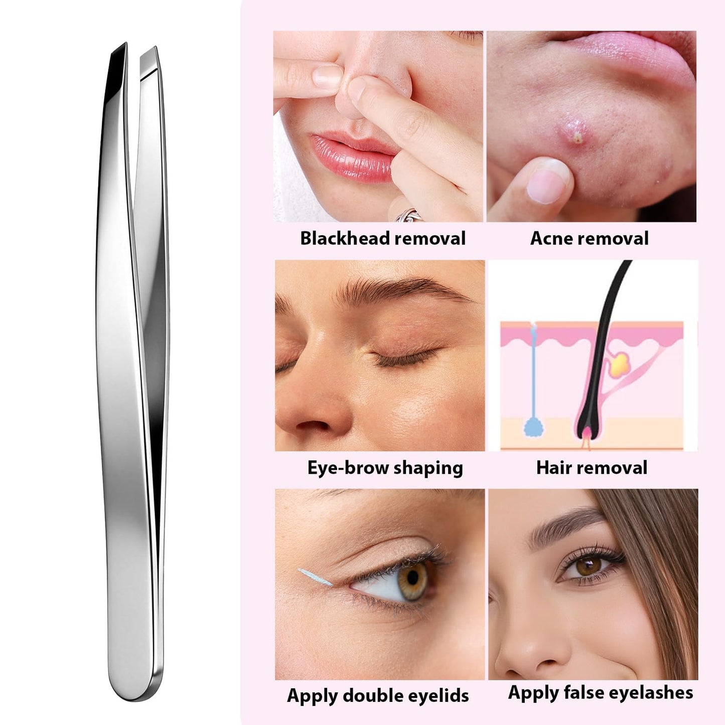 2 PCS Precision Slant Eyebrow Tweezers, Tweezers for Women Facial Hair & Ingrown Hair Removal Silver Stainless Steel Eyebrow Hairs Removal Tweezer with Case for Women Men
