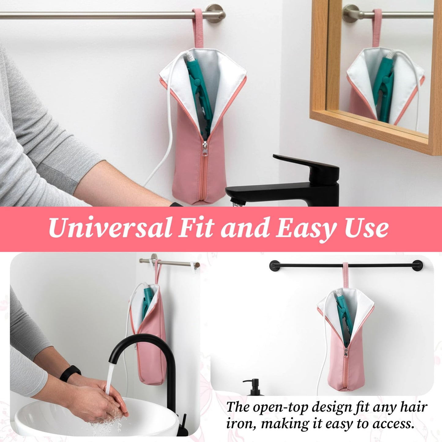Gsbnjuy Hot Iron Holder Hot Tools Organizer Heat Resistant Mat Case Portable Hair Styling Tools Cover Pouch Hair Straightener Travel Bag with Zip for Curling Flat Iron Home Travel Pink