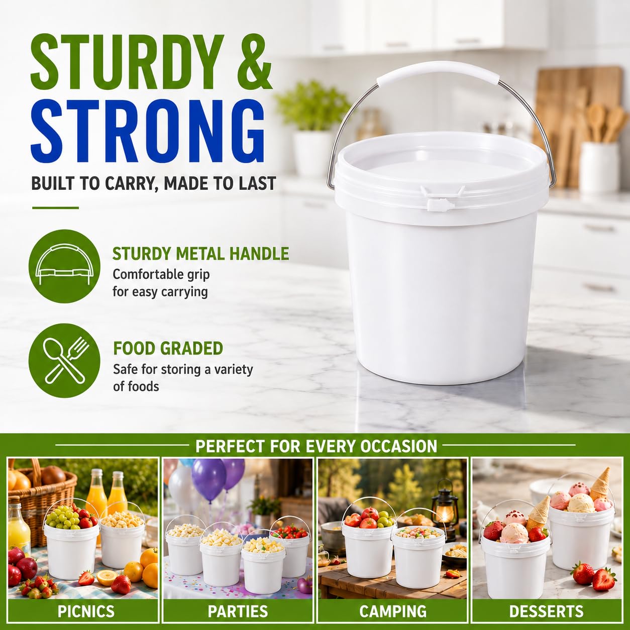 METAPACK 20 Pack 0.5-Quart Mini Plastic Buckets with Lids and Handles, Small Food Storage Pails, Candy Buckets for Party Favors, Birthday Gift Containers, Classroom Craft Storage (White)