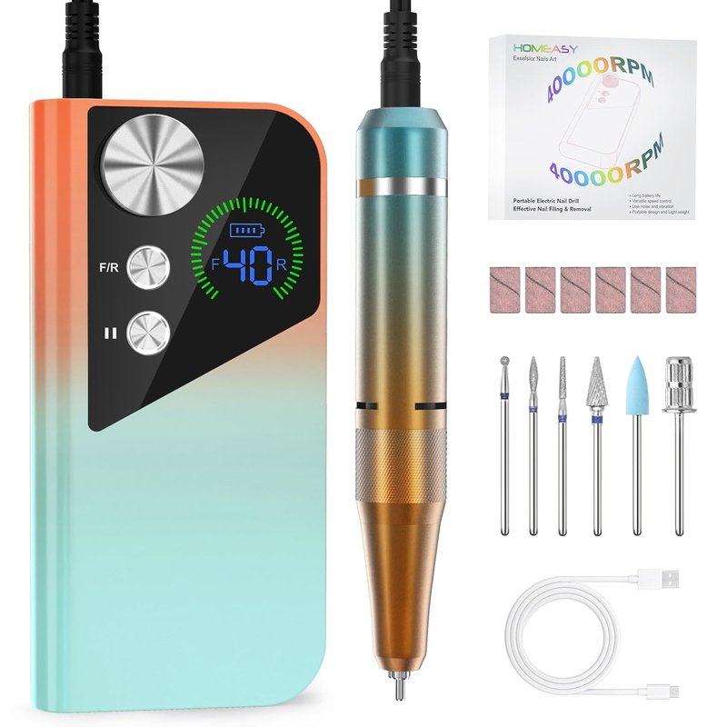 HOMEASY Nail Drill 40000RPM - Professional Rechargeable E-Filer for Acrylic & Gel Nails | Large HD LCD Screen - M96 Orange