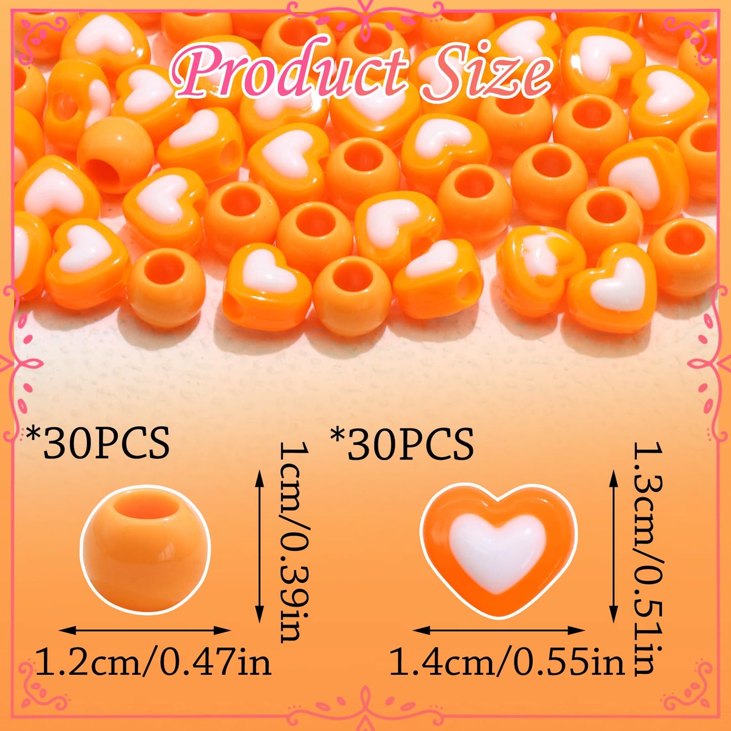 NAISKA 60PCS Orange Beads for Kids Girls Round Loc Dreadlock Beads Heart Shape Spacer Bead Acrylic Accessories for Party Decorate