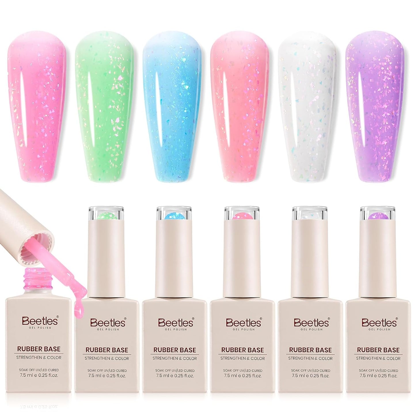 Beetles Base Color Gel Nail Polish Set - 6 Nude Shades | 5-in-1 Builder Rubber Base Coat for Strengthening Natural Nails