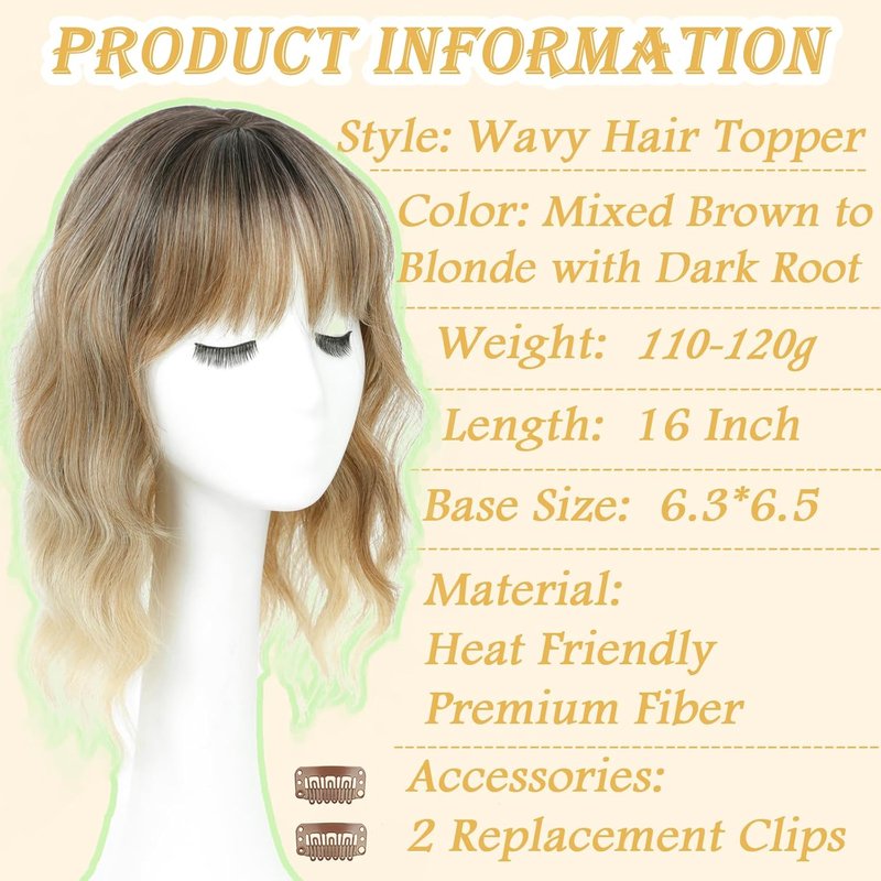 Hair Topper for Women - 16 Inch Synthetic Curly Wavy Clip-In with Wispy Bangs | Natural-Looking Volume (Mixed Brown to Blonde)