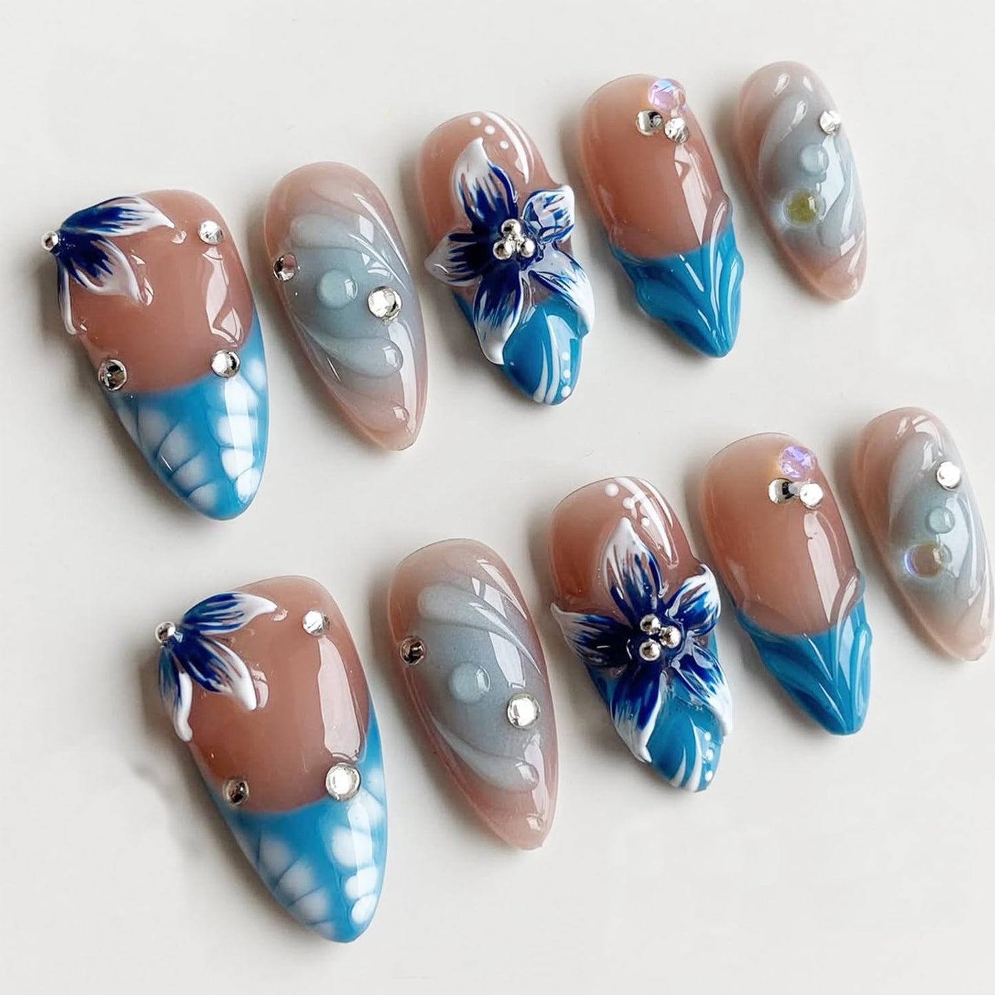 Independence Day Press-On Nails - 30Pcs Medium Almond Shape with 3D Red & Blue Bow Designs | Patriotic French Tip Full Cover