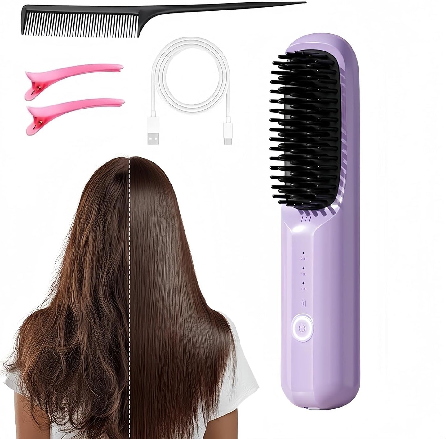 Cordless Hair Straightening Brush - Fast Heating Ceramic | Portable USB-C Brush for Short & Long Hair - Black