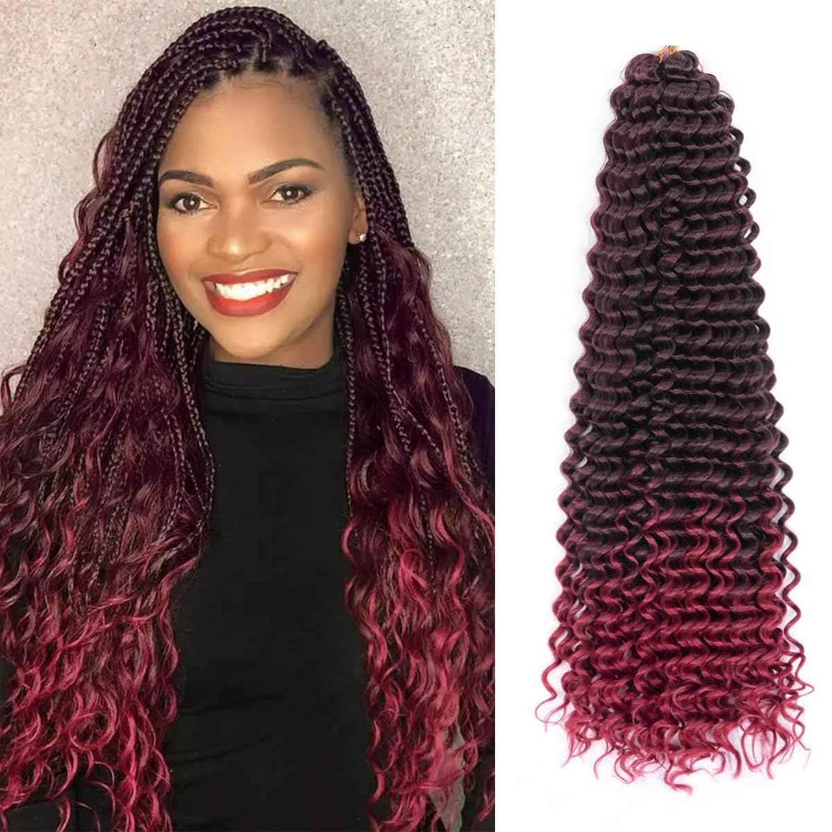 Ocean Wave Crochet Hair Extensions - Deep Wave Synthetic Braiding Hair for Women | 24 Inch, #1B (Pack of 2)