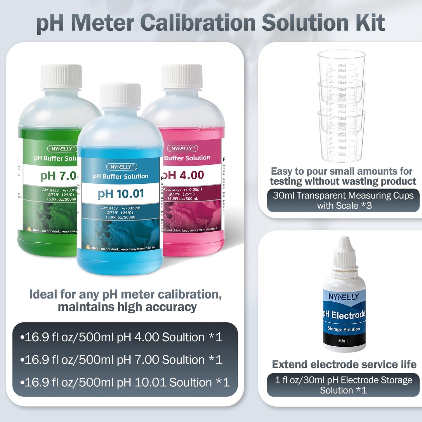 Nynelly pH Meter Calibration Buffer Solution Kit–4.00 7.00 10.01, Each 500ml(16.9fl oz) and 30ml KCL pH Probe Storage Solution for Precisely Calibrate pH Tester, 3 Beakers Included