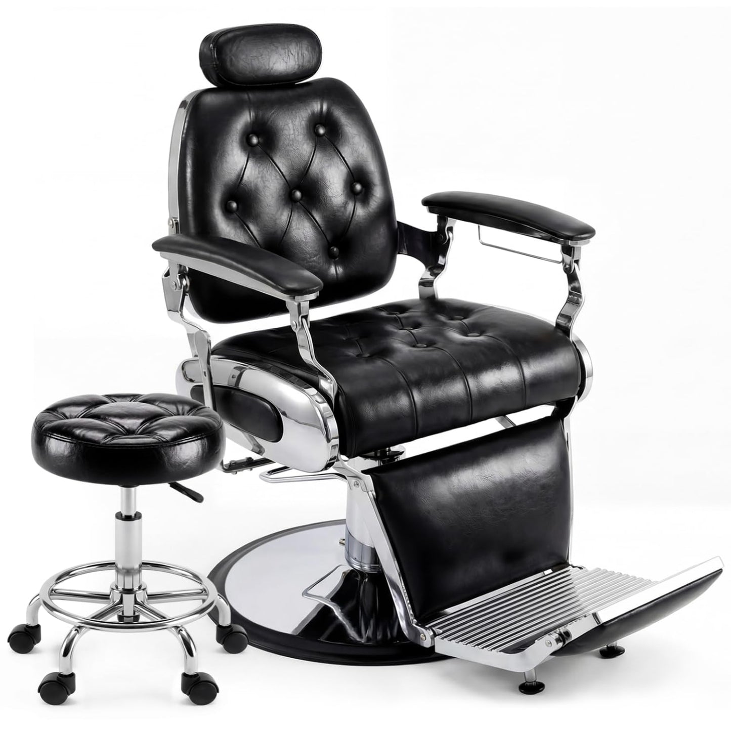 Oakvera Barber Chair with Stool, Heavy Duty Vintage Recline Hydraulic Barber Chair, 360° Swivel All Purpose Professional Salon Chair Barber Shop Beauty Salon Shampoo Equipment, Black and Silver