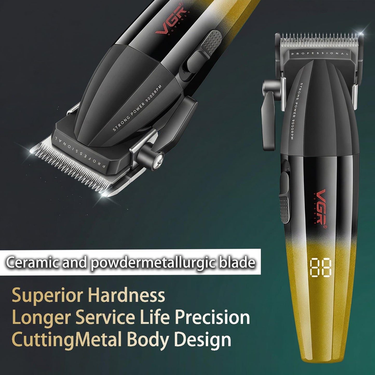 VGR 003 Fresh Fade Hair Clipper, Professional Hair Trimmer, Cord/Cordless Rechargeable Hair Cutting Tools with LED Display, 9000 RPM Barber Clippers, Gold