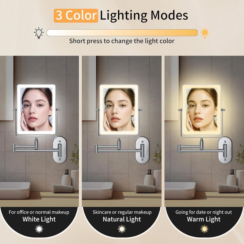 FUNTACH 5000mAh Rechargeable Makeup Mirror - 8.7" Double-Sided 1X/30X Magnification | Dimmable 3-Color Light, 360° Wall Mount