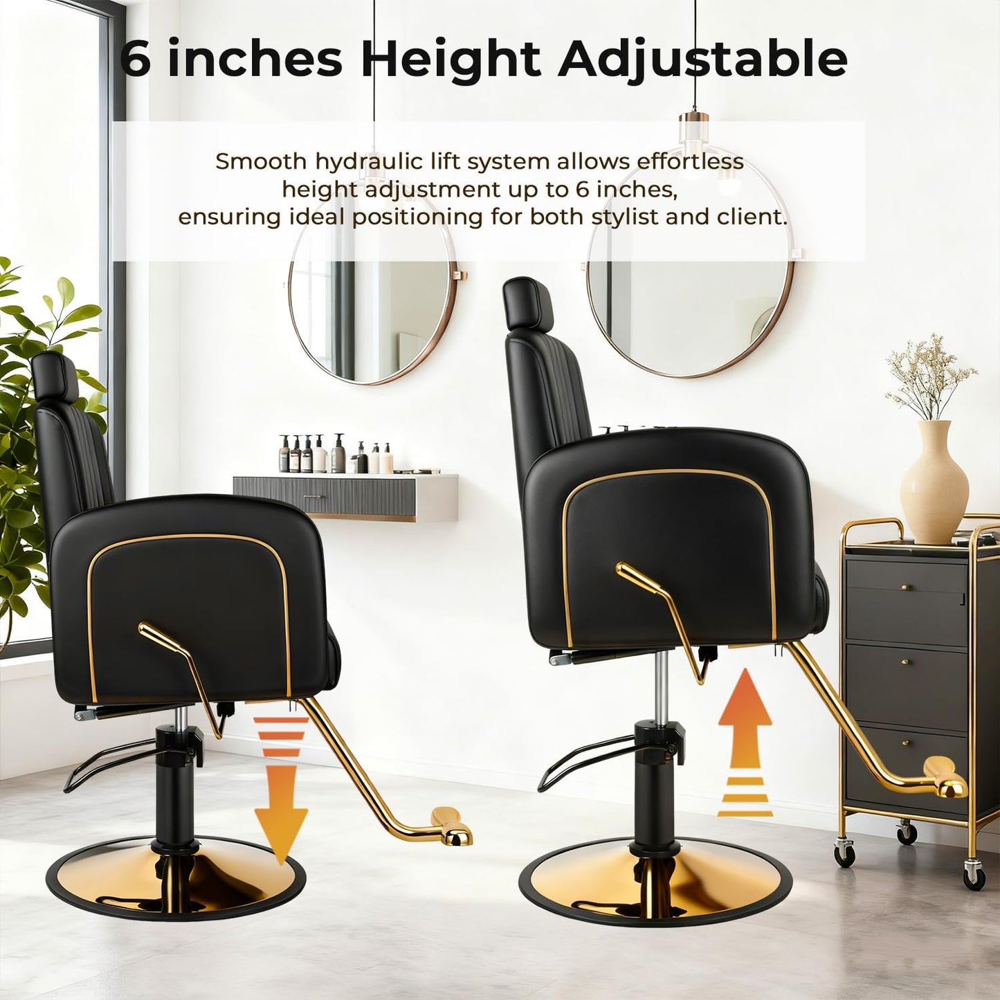 Reclining Salon Barber Chair - Black & Gold Heavy Duty Hydraulic with Adjustable Backrest | Supports 330 lbs, 360° Swivel