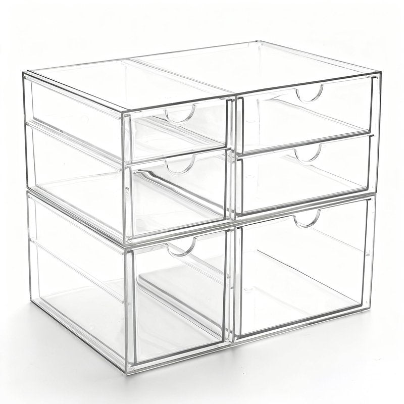 Prsildan Acrylic Drawer Makeup Organizer with 6 Drawers (Not for Baby Bottle), Set of 2 Office Desk Organizers Accessories, Clear Stackable Storage Drawers for Vanity, Craft (Largest Drawer 4" Tall)