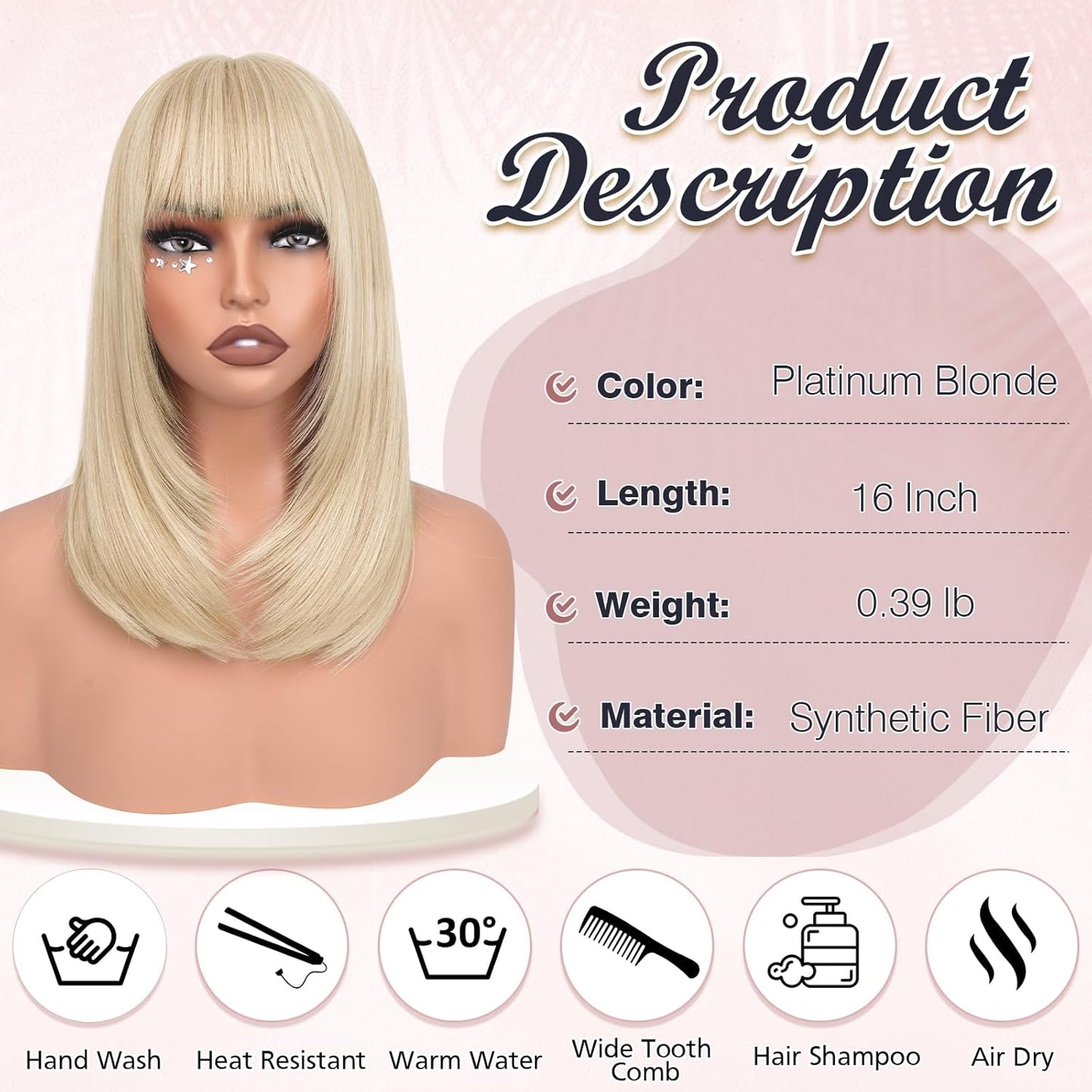 Blonde Bob Wigs with Bangs - Shoulder Length Straight Synthetic Hair | 16 Inch Platinum Blonde