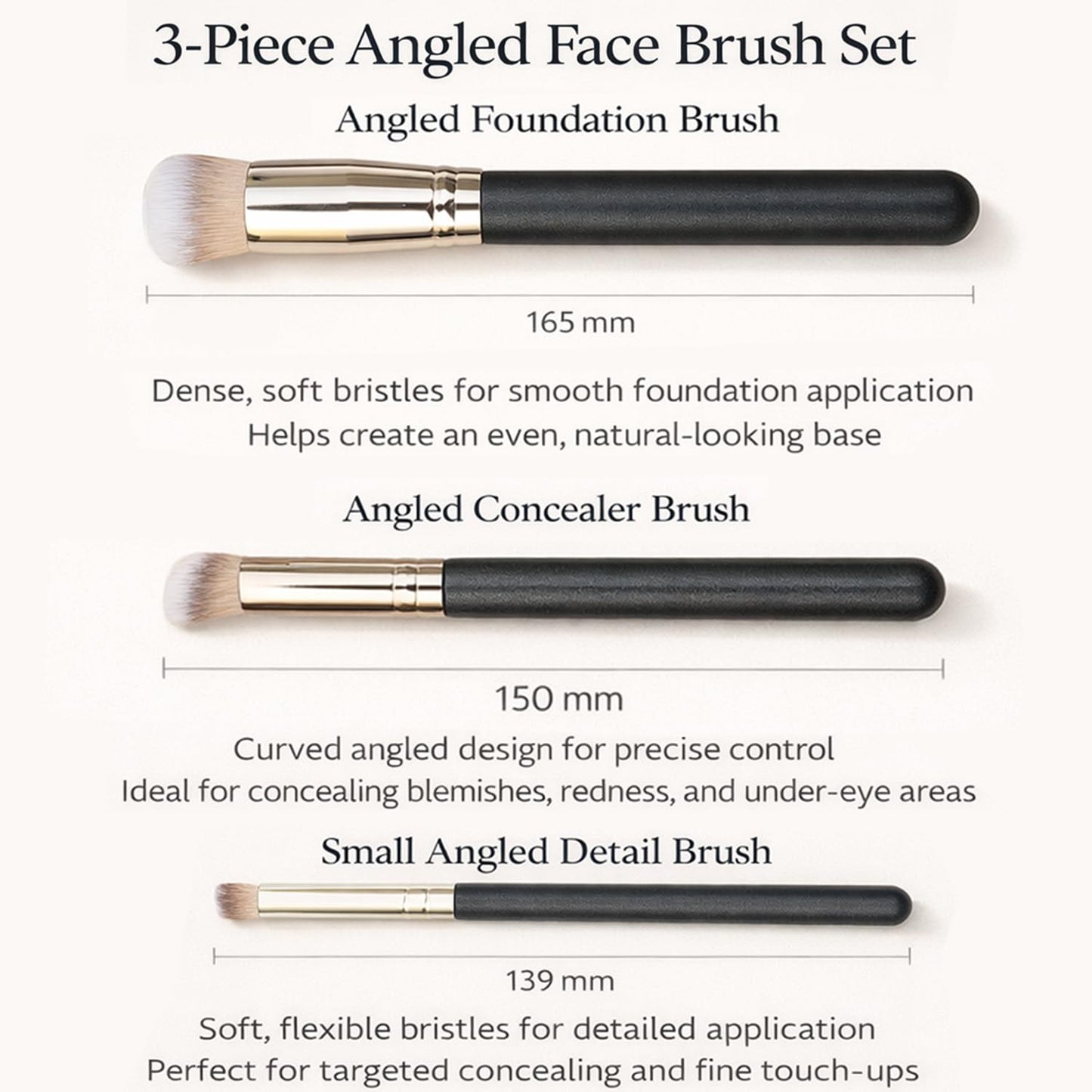 Makeup Brushes Set - 3 Pcs Foundation, Concealer & Eyeshadow Brushes | Angled Tools for Liquid, Cream & Powder Application