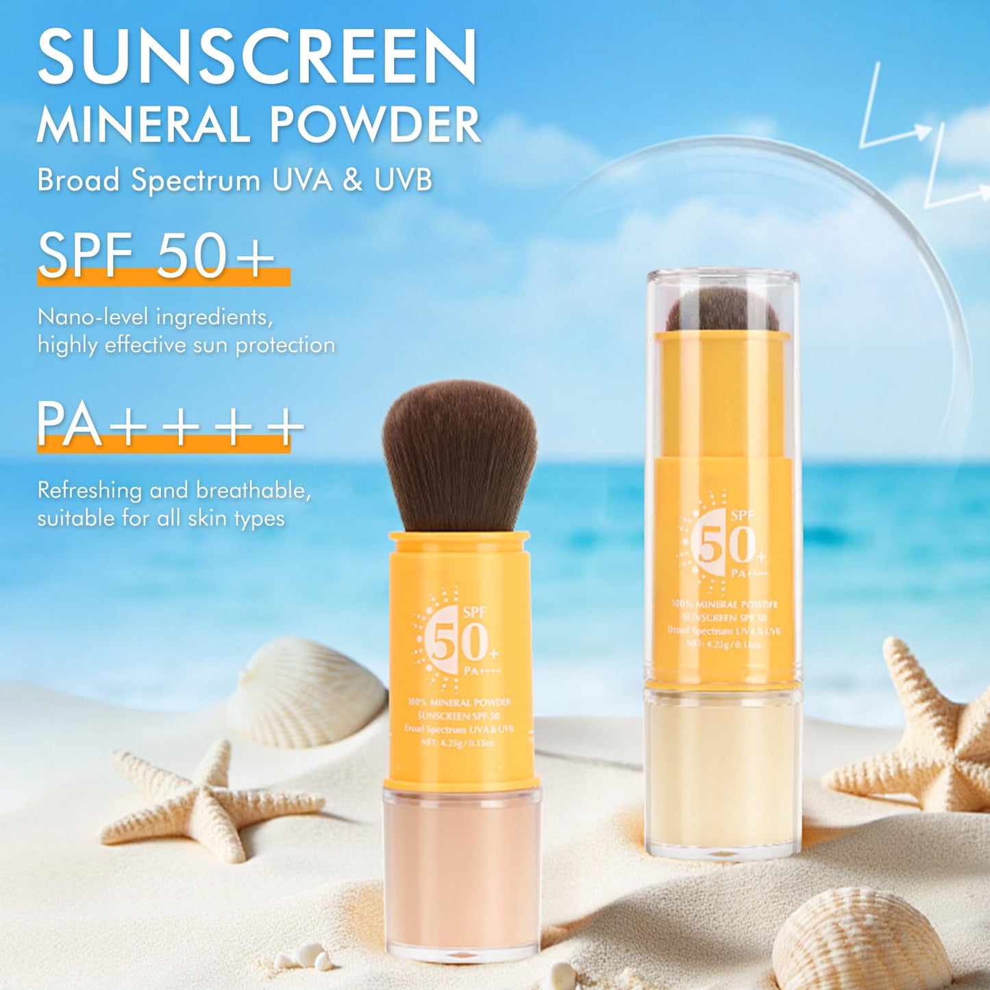 2PCS Mineral Powder Sunscreen Setting Makeup, SPF 50, Brush On Sunscreen Powder for Face & Scalp & Hair, Oil Control Matte Finishing Loose Makeup, Long Lasting Lightweight Breathable(01#+02#)