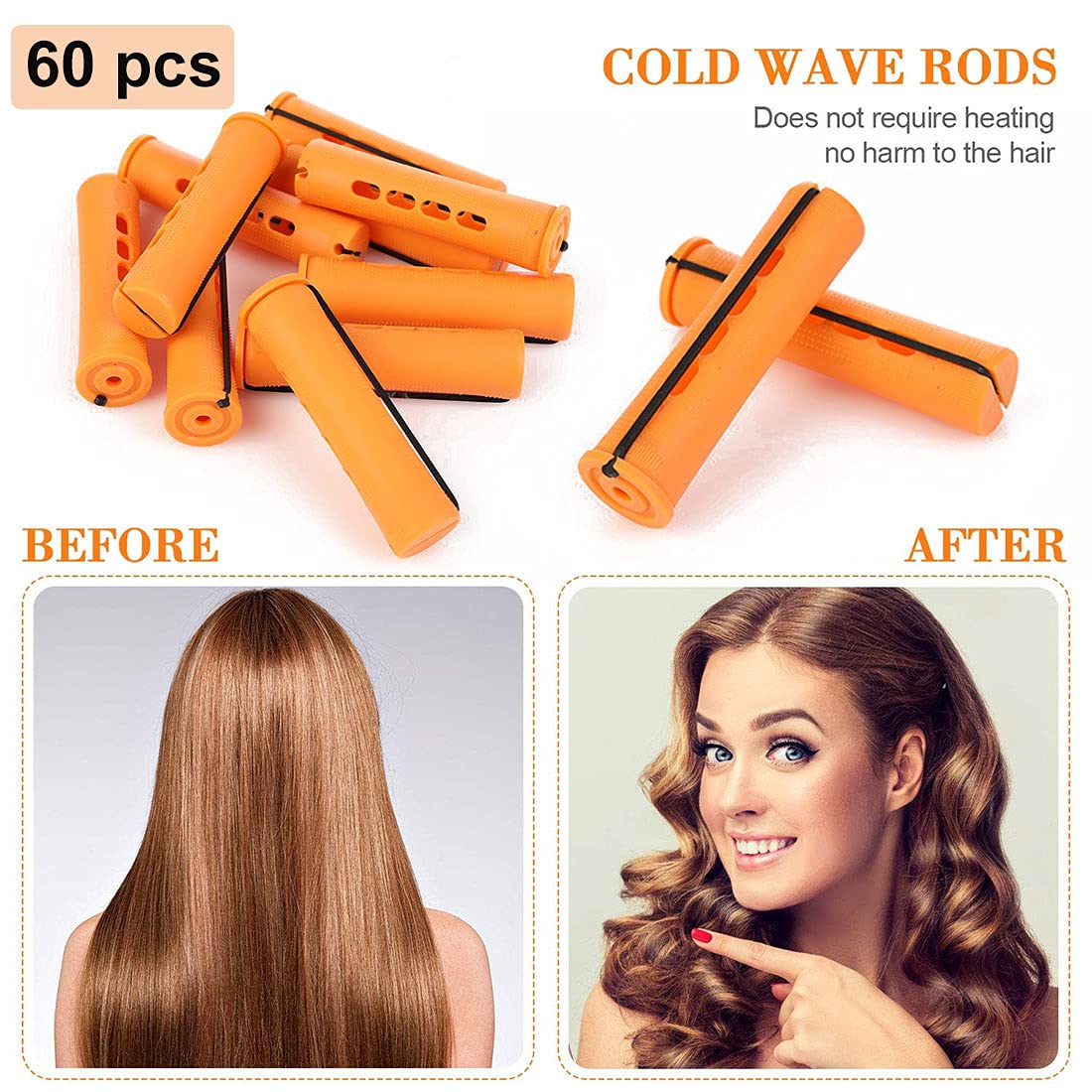 CLIONE 60pcs Perm Rods Set - Non-Slip Plastic Cold Wave Rollers for Long & Short Hair | 0.87 Inch Orange Curling Rods