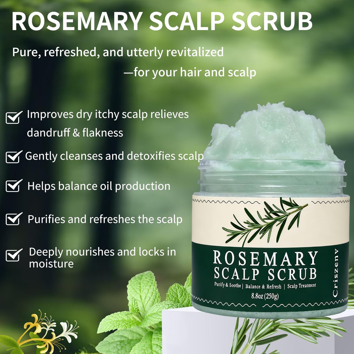 Criszenv Scalp Scrub,Scalp Exfoliator with Rosemary & Mint,Hair Treatment for Itchy Scalp, Dandruff & Buildup Removal, Clarifying Scrub Shampoo with Scalp Massager for Detox & Nourishment/8.8oz